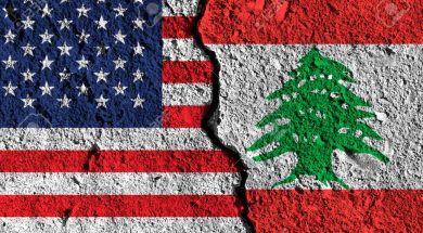 Crack between America and Lebanon flags. political relationship