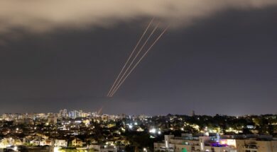 An anti-missile system operates after Iran launched drones and missiles towards Israel, as seen from Ashkelon