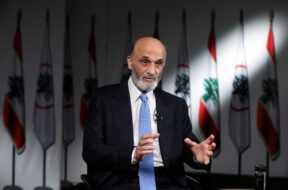 Samir Geagea, the leader of Lebanon’s Christian Lebanese Forces party, speaks during an interview with Reuters at his residence in Maarab